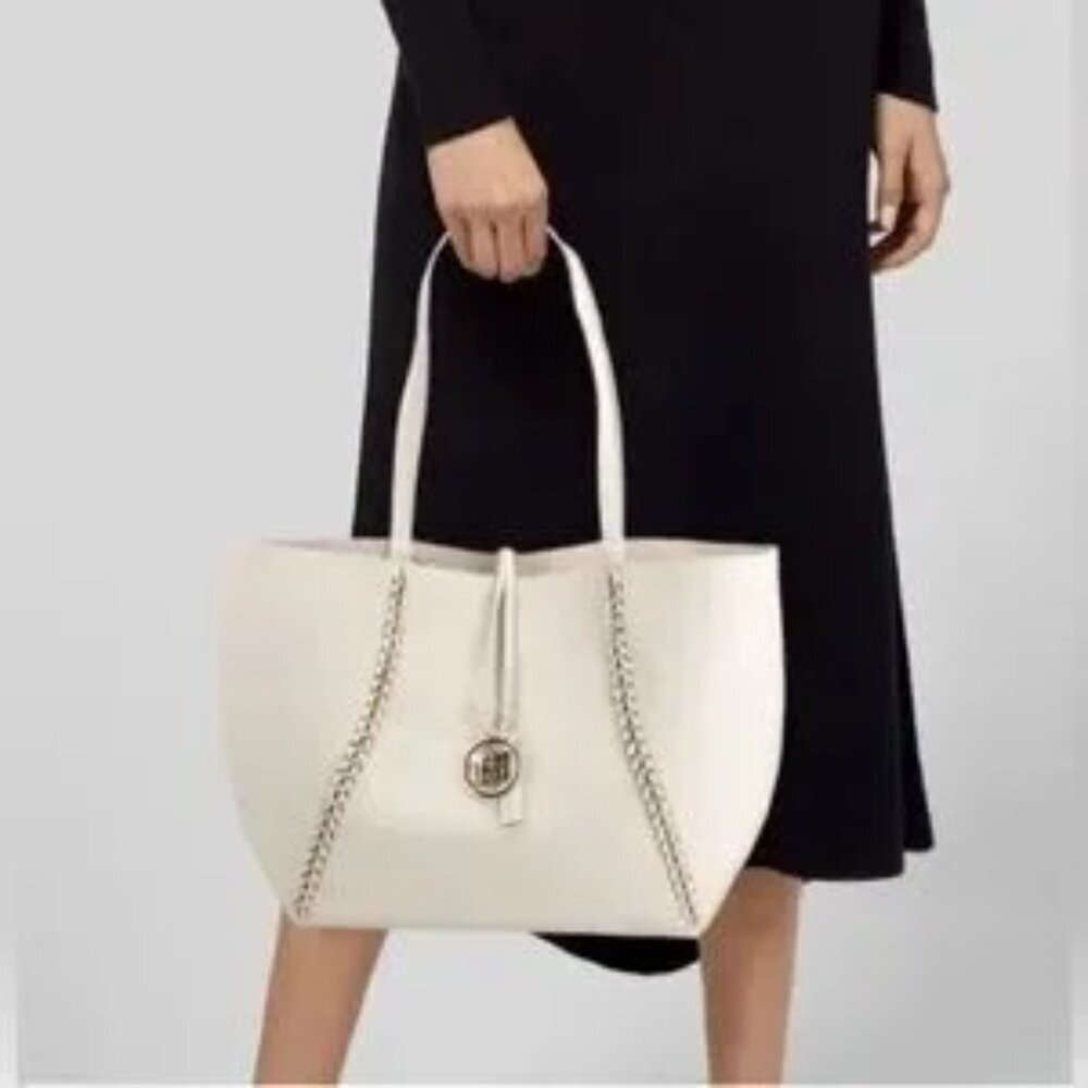 Badgely Mischka Decorative Chain Vegan Leather Tote, Off-White - NWT